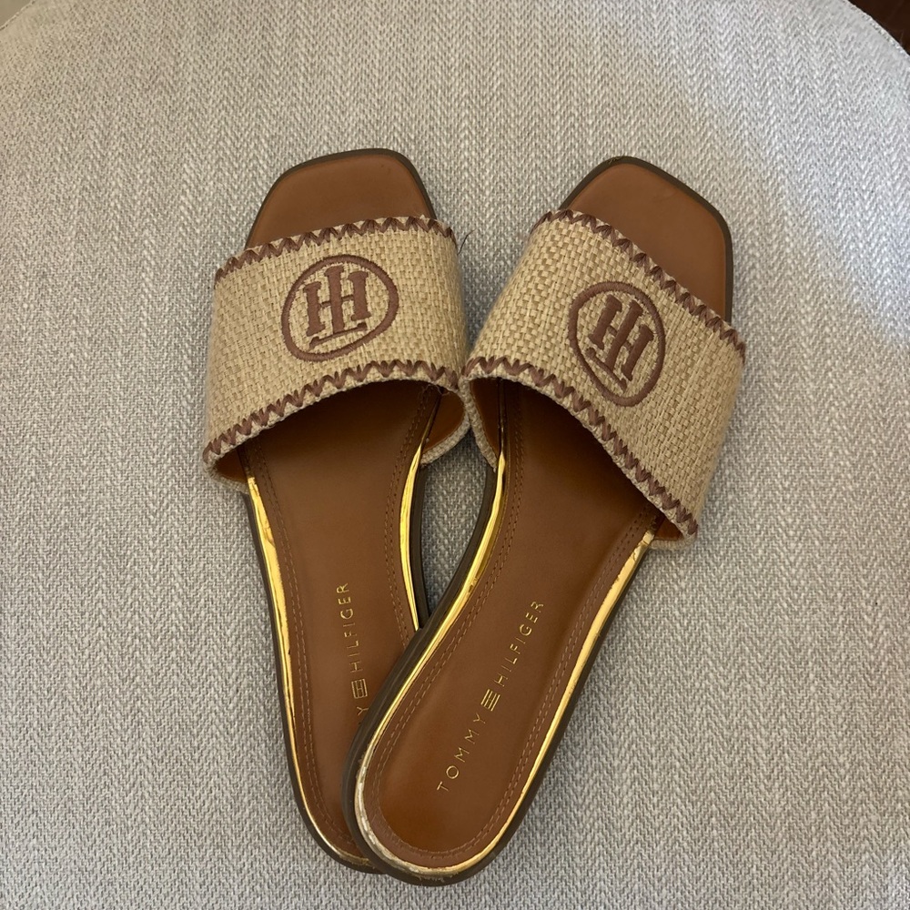 Tommy Hilfiger Tan and Brown Slide Sandals